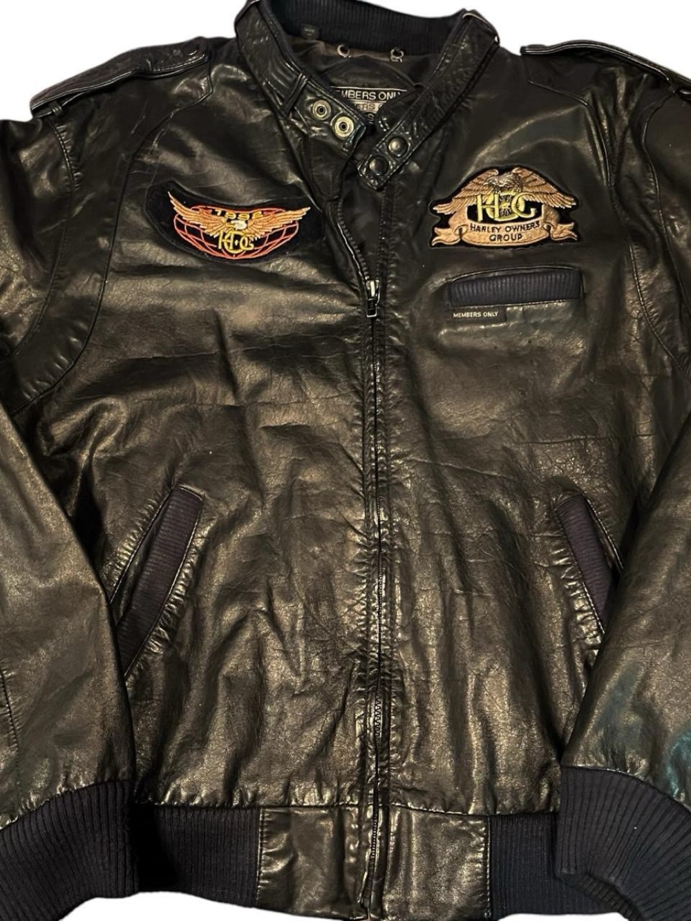 Vintage Members Only Black Leather Bomber Jacket w/ Harley-Davidson
H.O.G. Patch